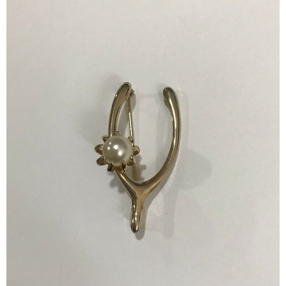 VINTAGE WISHBONE BROOCH GOOD LUCK SYMBOL GOLD TONE METAL PIN FAUX PEARL - Picture 4 of 7